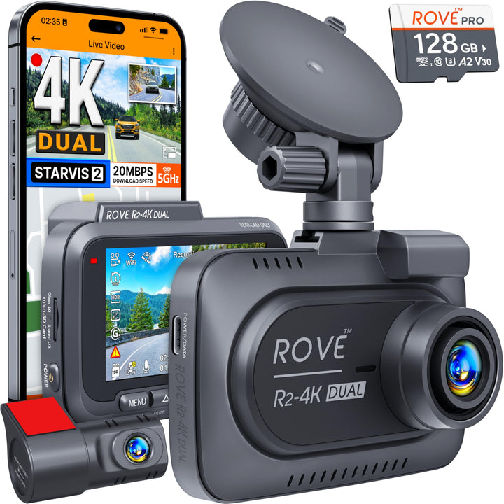 ROVE R2-4K DUAL Dash Cam Front and Rear, STARVIS 2 Sensor, FREE 128GB Card Included, 5G WiFi - up to 20MB/s Fastest Download Speed with App, 4K 2160P/FHD Dash Camera for Cars, 3 IPS, 24H Parking Mode