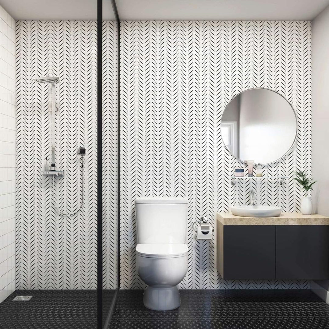 Black and White Peel and Stick Wallpaper Modern Herringbone Contact Paper Bathroom 17.7inch x 78.7inch Geometric Removable Wall Paper Peel and Stick Self Adhesive Contact Paper