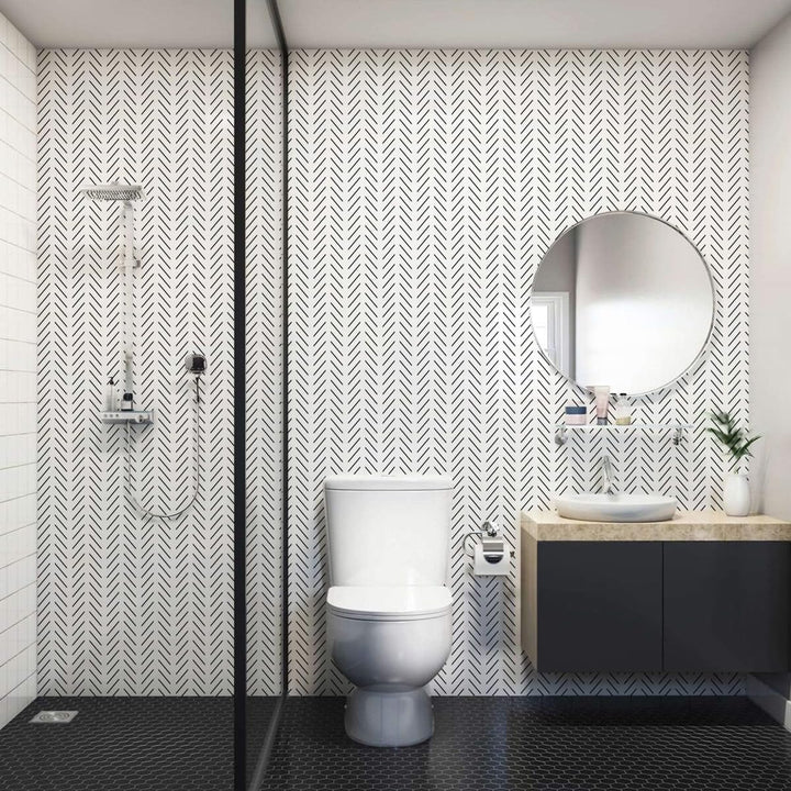 Black and White Peel and Stick Wallpaper Modern Herringbone Contact Paper Bathroom 17.7inch x 78.7inch Geometric Removable Wall Paper Peel and Stick Self Adhesive Contact Paper