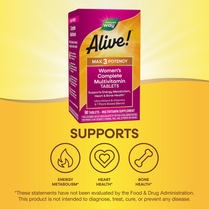 Nature&#39;s Way Alive! Max3 Potency Women&#39;s Complete Multivitamin, Supports Energy Metabolism, Heart &amp; Bone Health*, with B-Vitamins Including Methylated B12 and Folate, 90 Tablets (Packaging May Vary)