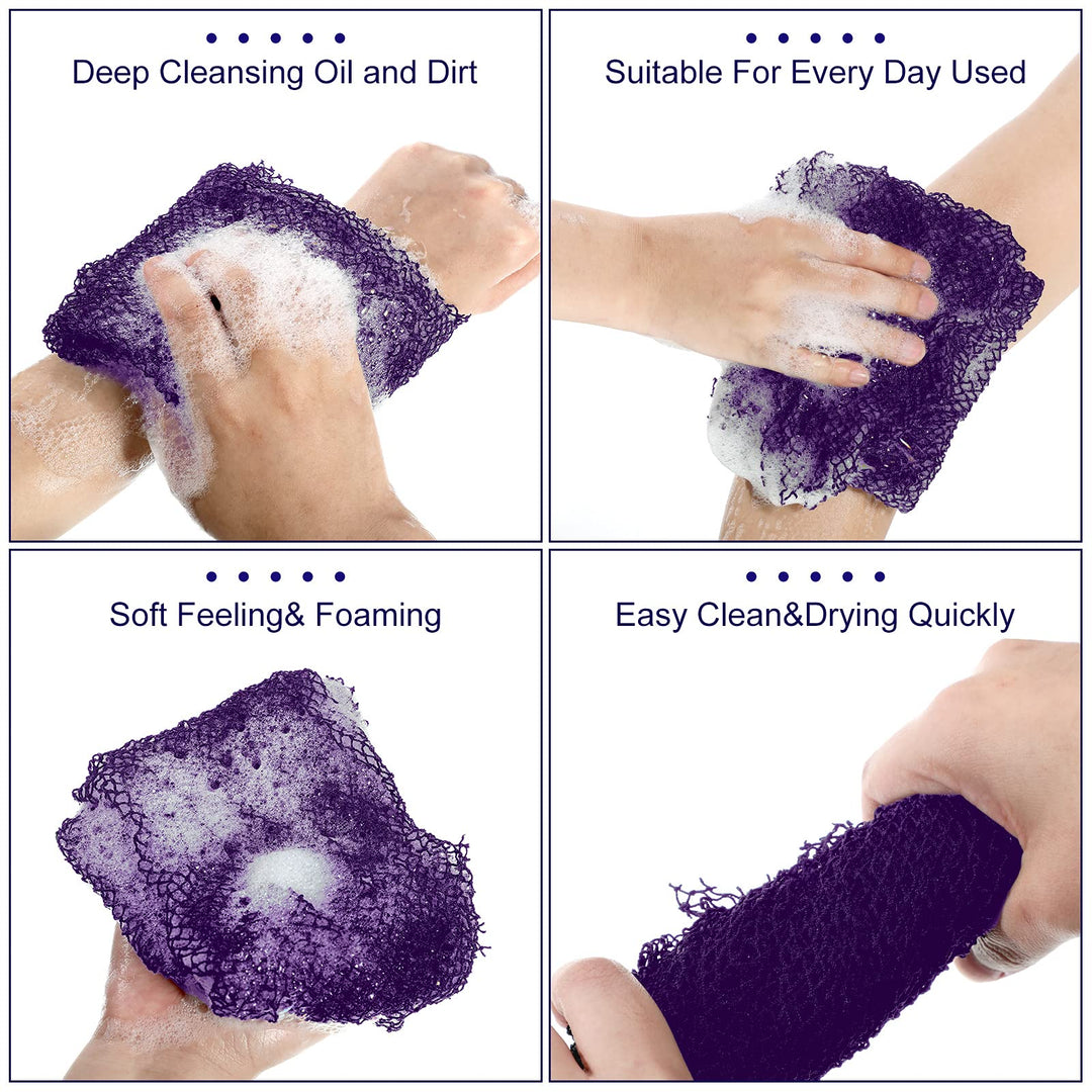 2 Pieces African Exfoliating Net Bath Sponge African Net Long Back Scrubber Body Shower Scrubber Back Scrubber Skin Smoother for Daily Use or Stocking Stuffer (Black, Purple)