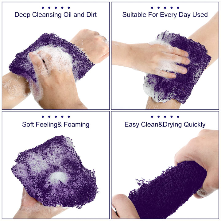 2 Pieces African Exfoliating Net Bath Sponge African Net Long Back Scrubber Body Shower Scrubber Back Scrubber Skin Smoother for Daily Use or Stocking Stuffer (Black, Purple)