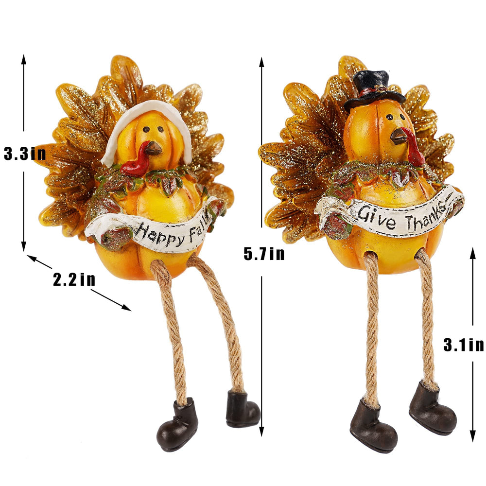 Thanksgiving Turkey Figurines, Set of 2 Resin Turkey Shelf Sitters with Dangling Legs, Give Thanks Happy Fall Harvest Sculpture for Window Sill Kitchen Tabletop Autumn Home Decor