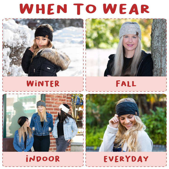 Women&#39;s White Knit Headband Ear Warmer, Fleece Lined Cable Knit Stretch Winter Headwrap - Indi Pink