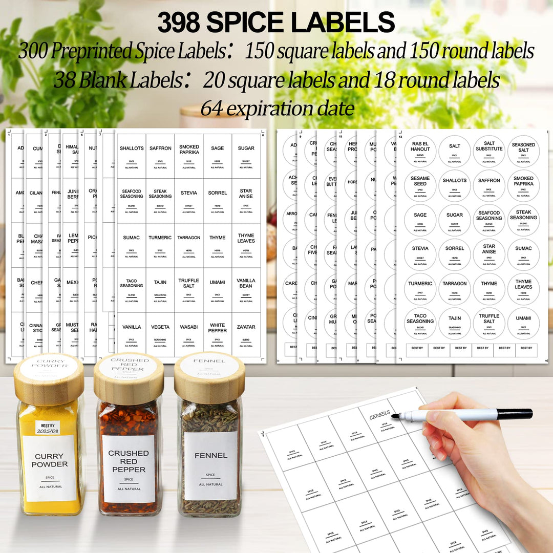 Glass Spice Jars with Bamboo Lids | Square Spice Jar with Labels | Spice Bottles With Shaker Lids | Spice Containers | for Cabinet,Drawer,Spice Rack | Seasoning Organizer (Pack of 24)