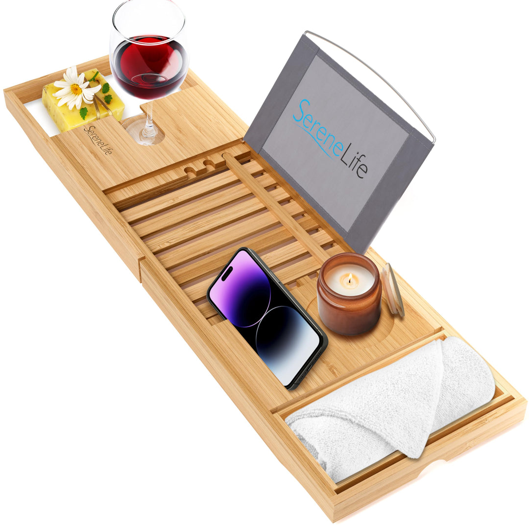 Luxury Bamboo Bathtub Caddy Tray - Adjustable Natural Wood Bath Tub Organizer with Wine Holder, Cup Placement, Soap Dish, Book Space &amp; Phone Slot for Spa, Bathroom &amp; Shower - SLBCAD20