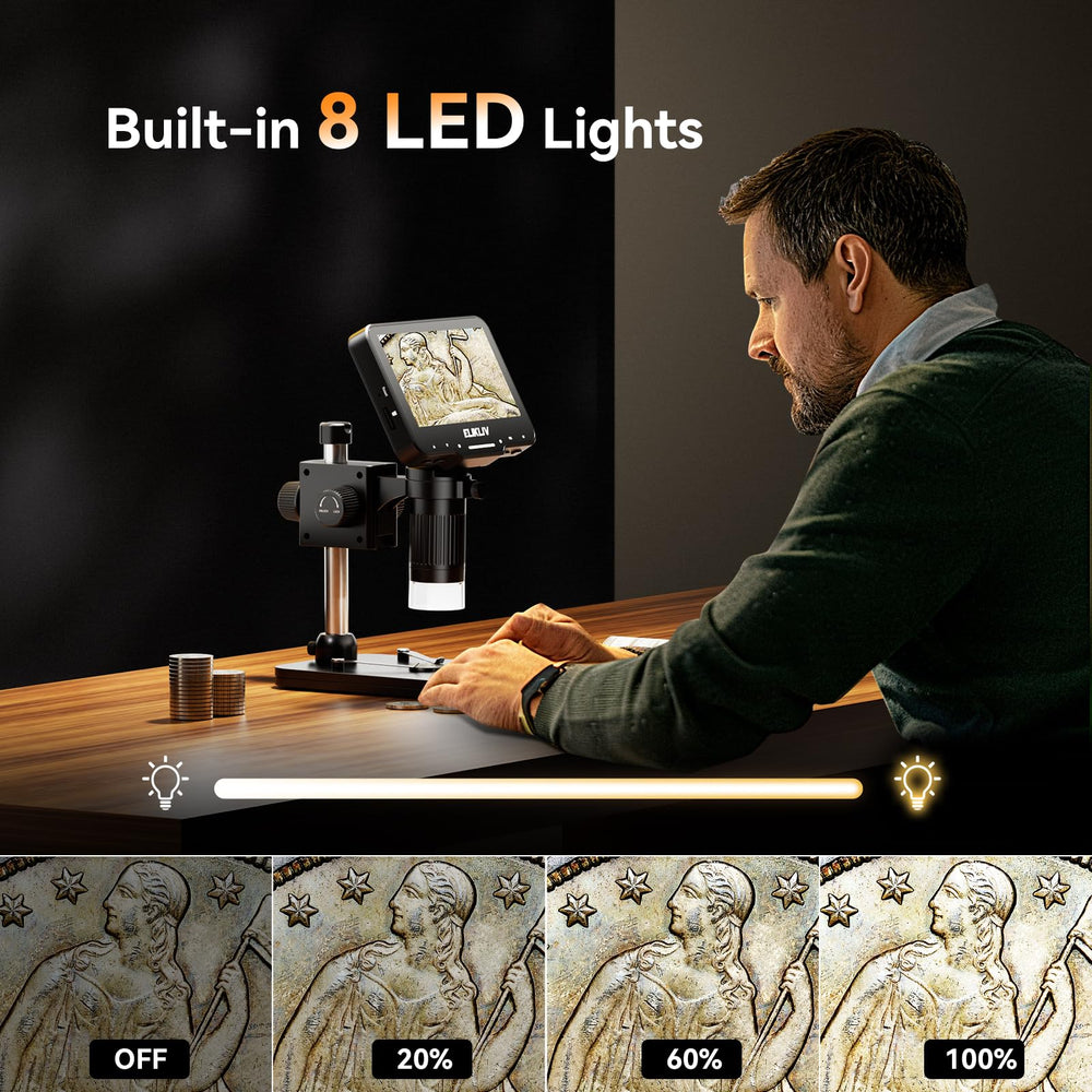 Coin Microscope EDM4 Max, 4.3 LCD Digital Microscope1000x, Coin Magnifier with 8 Adjustable LED Lights, Coin Microscope with Screen, PC View with Windows/Mac, 32GB SD Card Included