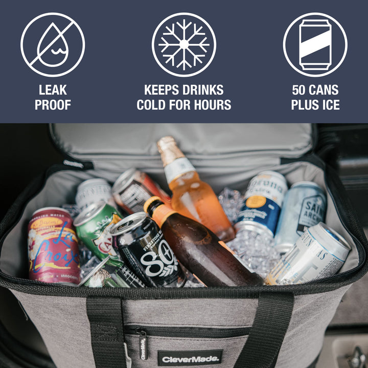 Collapsible Cooler Bag, 50 Can Beach &amp; Travel Car Cooler, Folding Soft Cooler, Shoulder Strap, Bottle Opener, Great Car Coolers for Travel, Leak Proof Cooler Bag [Charcoal/Black]