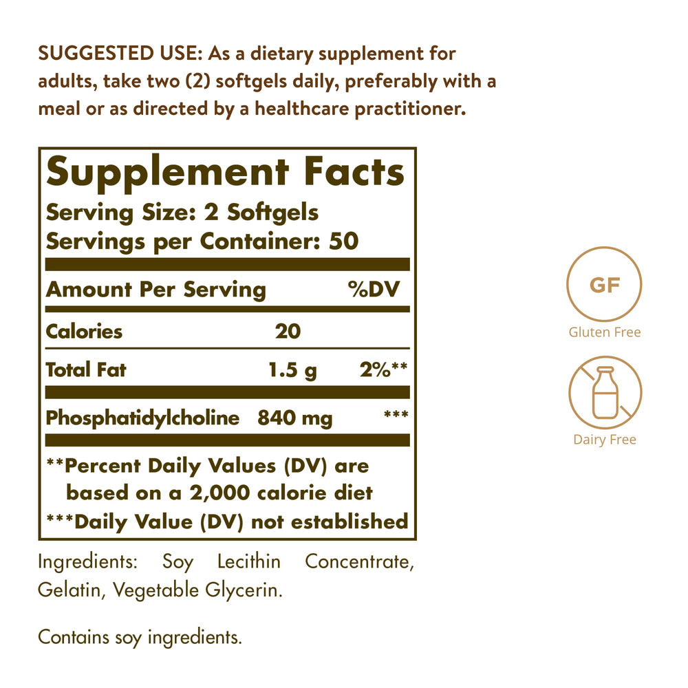 Solgar Phosphatidylcholine, 100 Softgels - Promote Healthy Cognitive Function - Derived From Lecithin - Contains Choline for Neurotransmitter Acetylcholine - Gluten Free, Dairy Free - 50 Servings
