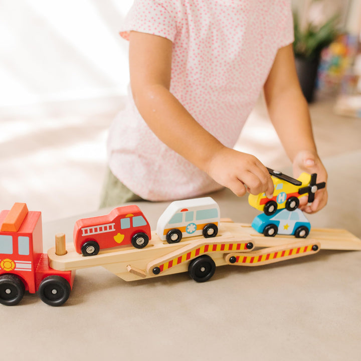 Melissa &amp; Doug Wooden Emergency Vehicle Carrier Truck With 1 Truck and 4 Rescue Vehicles