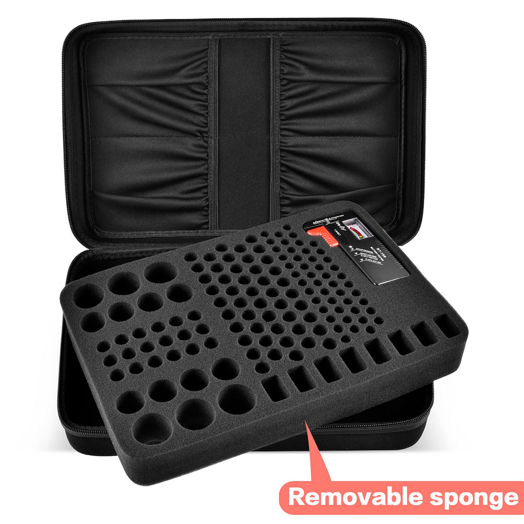 Hard Battery Organizer Storage Box, Carrying Case Bag Holder - Holds 148 Batteries AA AAA C D 9V - with Battery Tester BT-168 (Batteries are Not Included)