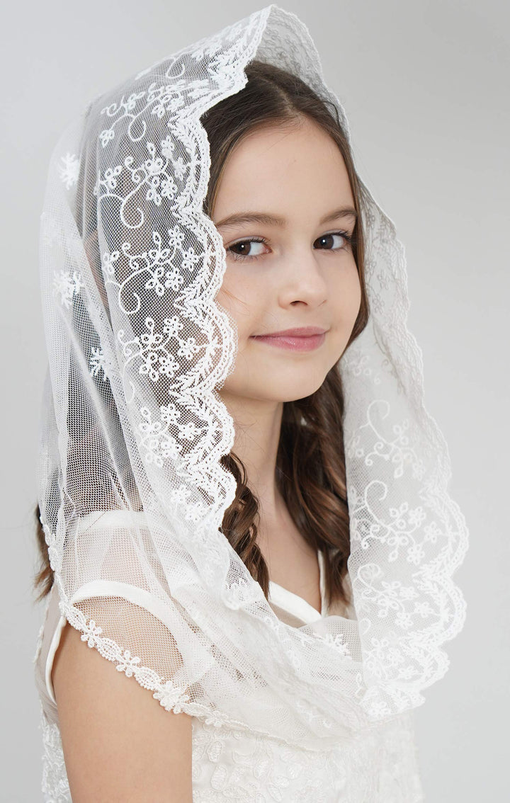 Flowergirl Lace Veil Floret Edge Headband First Communion Veil Girls Lace Headwrap For Girls F07 (Ivory)
