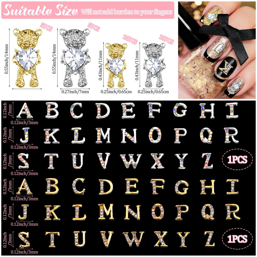 82 Pieces 3D Nail Art Charms Gold Silver Bear Nail Charms Rhinestone Nails with Heart Shiny Capital Letter Charms for Nails Crystal Alloy Letter Nail Charms Nail Stud for Women Girls DIY