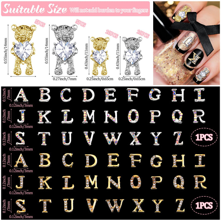 82 Pieces 3D Nail Art Charms Gold Silver Bear Nail Charms Rhinestone Nails with Heart Shiny Capital Letter Charms for Nails Crystal Alloy Letter Nail Charms Nail Stud for Women Girls DIY