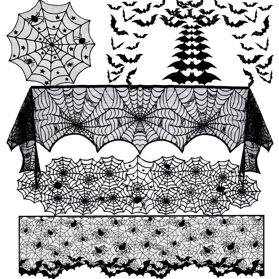 5 Pack Halloween Decorations Set,Black Halloween Tablecloth Runner Lace Spiderweb Table Cover Fireplace Lampshade with 120pcs 3D Bats Wall Sticker