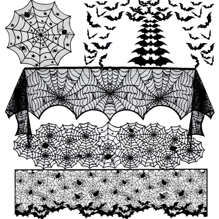 5 Pack Halloween Decorations Set,Black Halloween Tablecloth Runner Lace Spiderweb Table Cover Fireplace Lampshade with 120pcs 3D Bats Wall Sticker