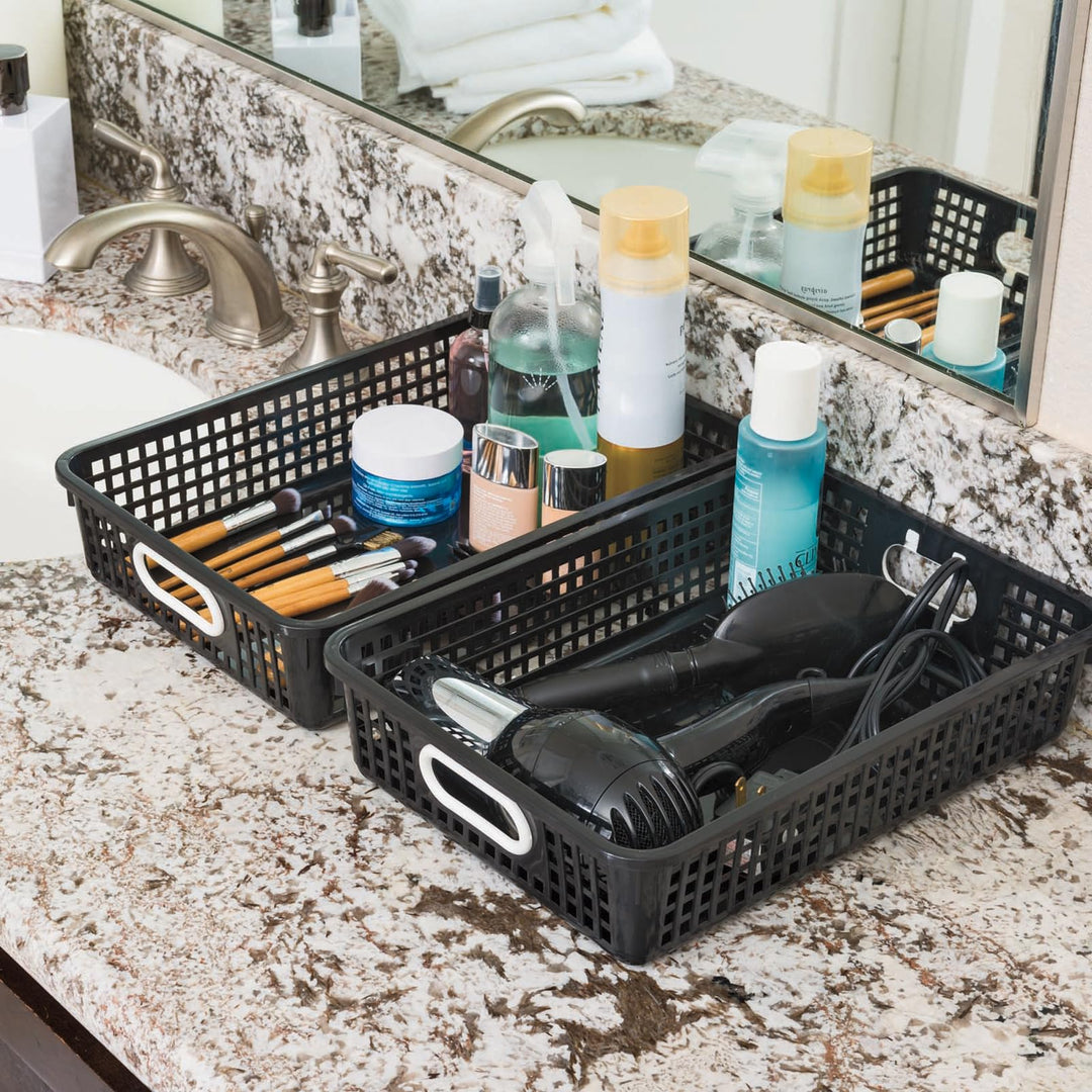 Plastic Desktop Paper Storage Baskets for Classroom or Home Use – 14”x10” Plastic Mesh Baskets Keep Papers Crease-Free and Secure – Pebble Colored Basket With White Handles (1)