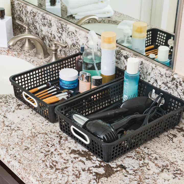 Plastic Desktop Paper Storage Baskets for Classroom or Home Use – 14”x10” Plastic Mesh Baskets Keep Papers Crease-Free and Secure – Pebble Colored Basket With White Handles (1)