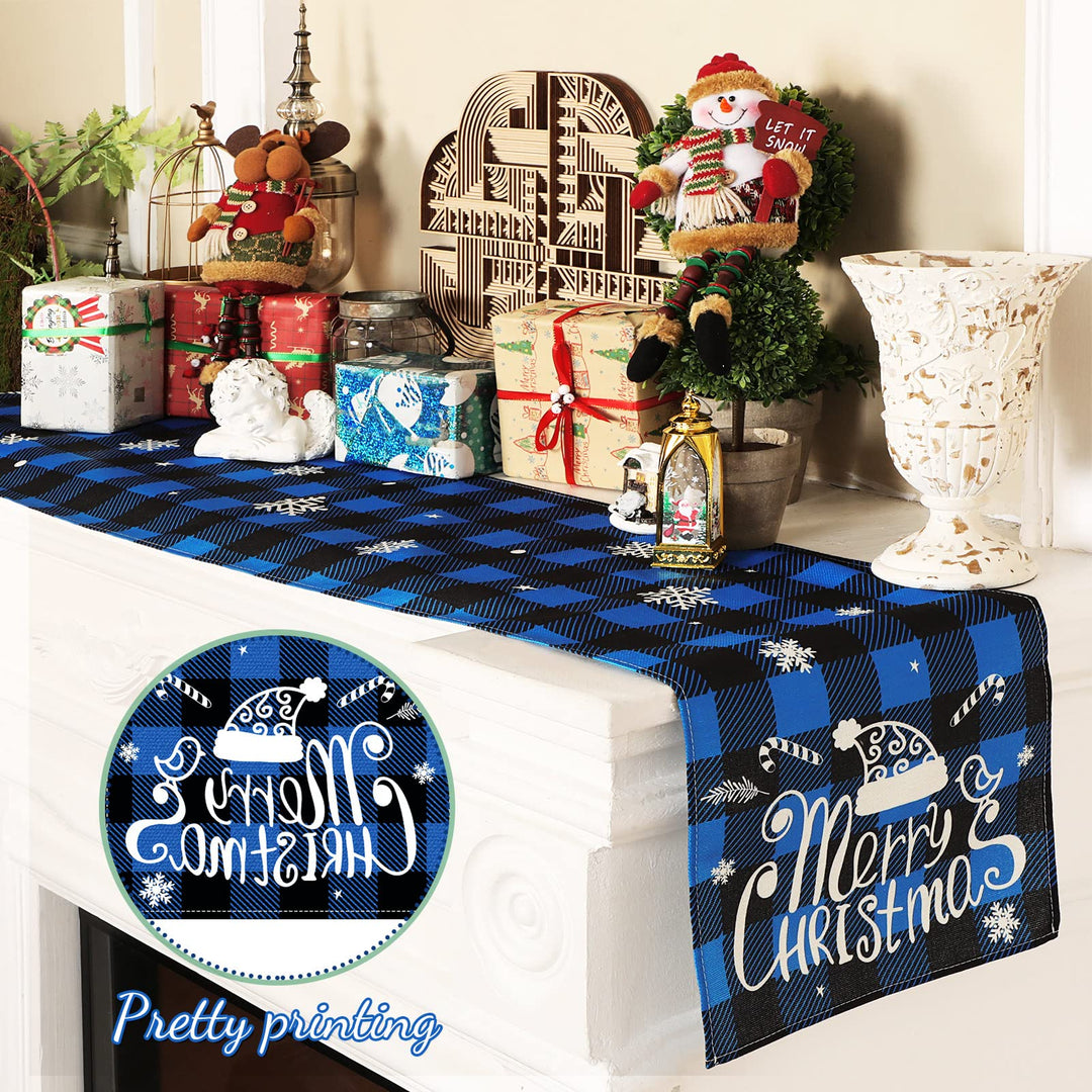 7 Pieces Christmas Buffalo Plaid Table Runner and Placemats Set Merry Christmas Blue Black Buffalo Plaid Table Runner Decor Winter Holiday Table Mats for Christmas Party Supplies Table Decorations
