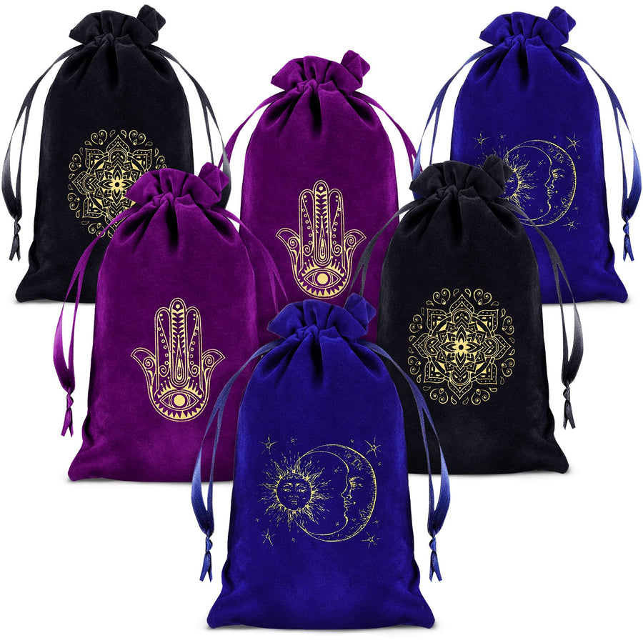 6 Pcs Tarot Cards Fabric Bag 6 x 9 Inch Jewelry Pouch Tarot Card Bag Dice Bag Tarot Card Holder Jewelry Bags Drawstring Hamsa Hand Gift Bags for Tarot Cards (Mixed Colors,Classic Style)