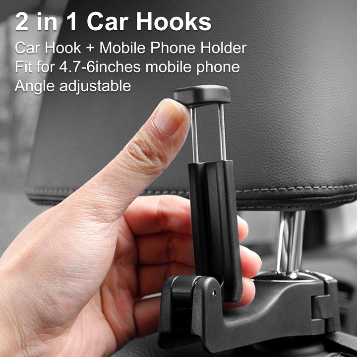 2 in 1 Car Seat Hooks for Purses and Bags with Phone Holder,Automative Headrest Purse Handbag Holder Hangers Organizers,Falling Resistance, Quietness and Universal Fit