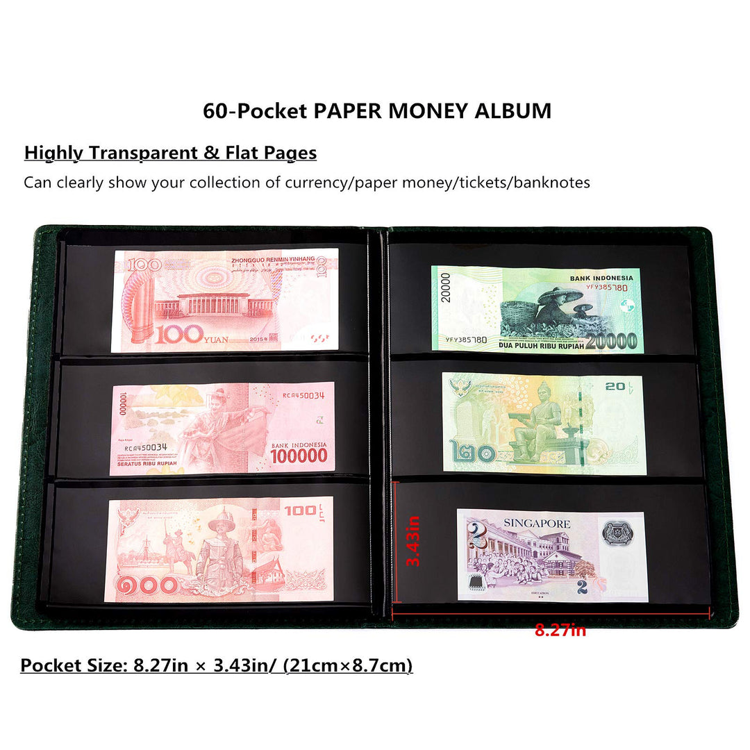Leather 60-Pocket Paper Money Album Currency Holders for Collectors Collection Supplies Holder Book for Travel Bill Banknote Stamp Storage Display with 10 Collecting Pages (Green)
