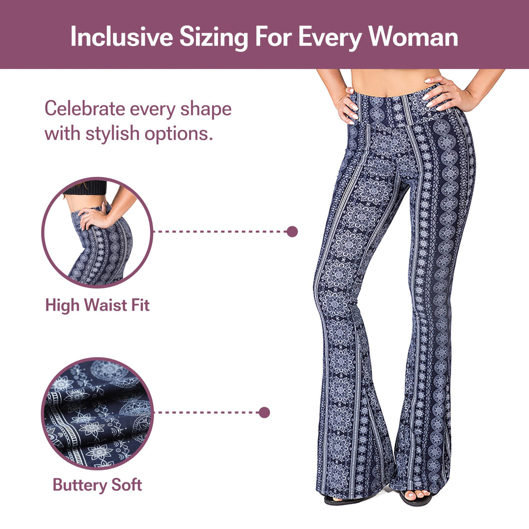 Womens High Waisted Flare Wide Leg Leggings, Printed and Solid, Reg and Plus, 03 Chakra Blue, XX-Large