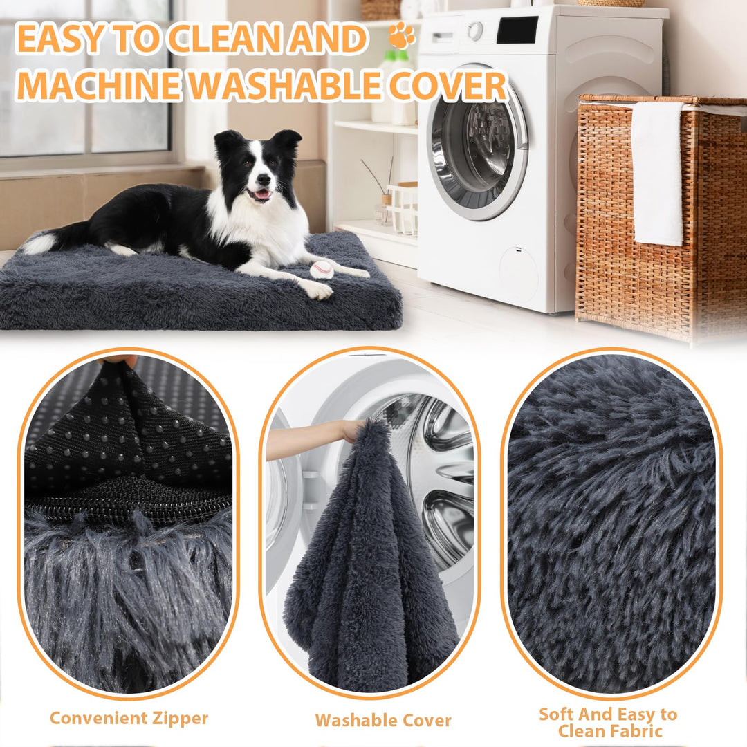 Orthopedic Dog Beds Medium/Large Sized Dog Washable Removable Cover, Plush Dog Bed Waterproof Lining NonSkid Bottom, Crate Foam Dog Pillow Mattress Fluffy Anti Anxiety Pet Bed 35x23 Inch, Dark Grey