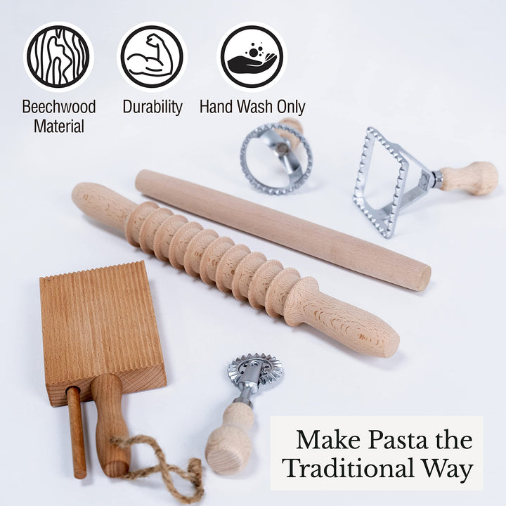 Complete 6 Pcs Pasta Making Tool Set Includes Two Ravioli Stamp Maker Cutter And Roller Wheel Set, Two Pasta Rolling Pins, Gnocchi Board By