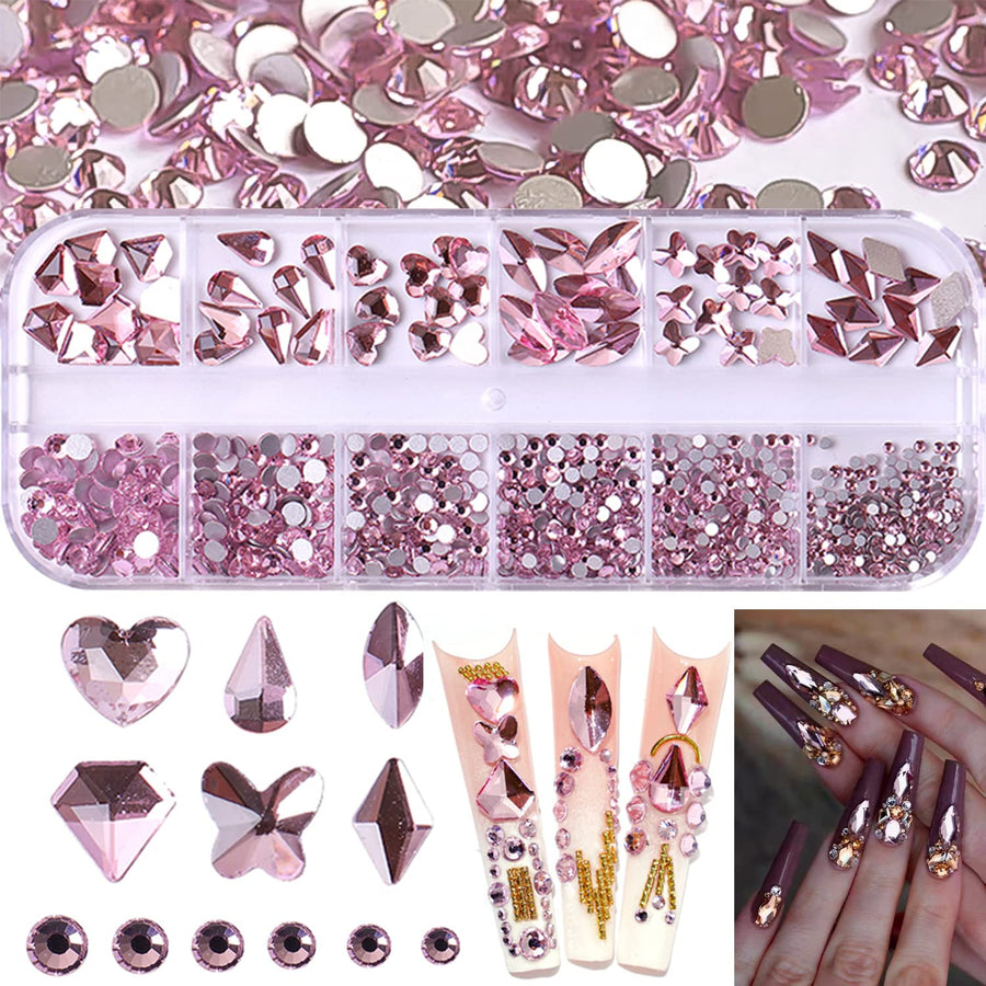 BELICEY Pink Nail Art Rhinestones 810PCS Crystal Rhinestones for Nail Crystals Decoration Hearts Butterfly Charm Nail Dimond Gems Stone for Nail Art Jewels DIY Makaup Crafts Clothing