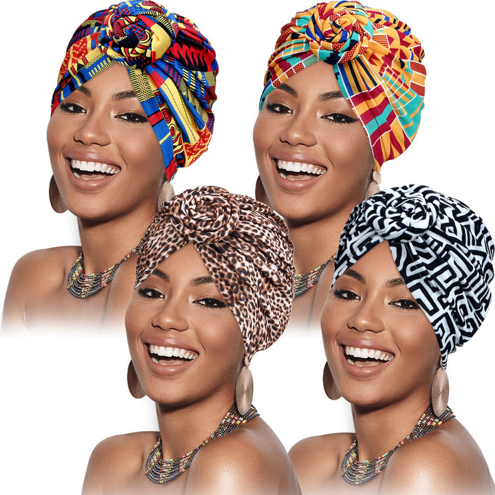 SATINIOR 4 Pieces African Pattern Headwrap Pre-Tied Bonnet Turban Knot Beanie Cap Headwrap Hat (Leopard Print Black Flower)