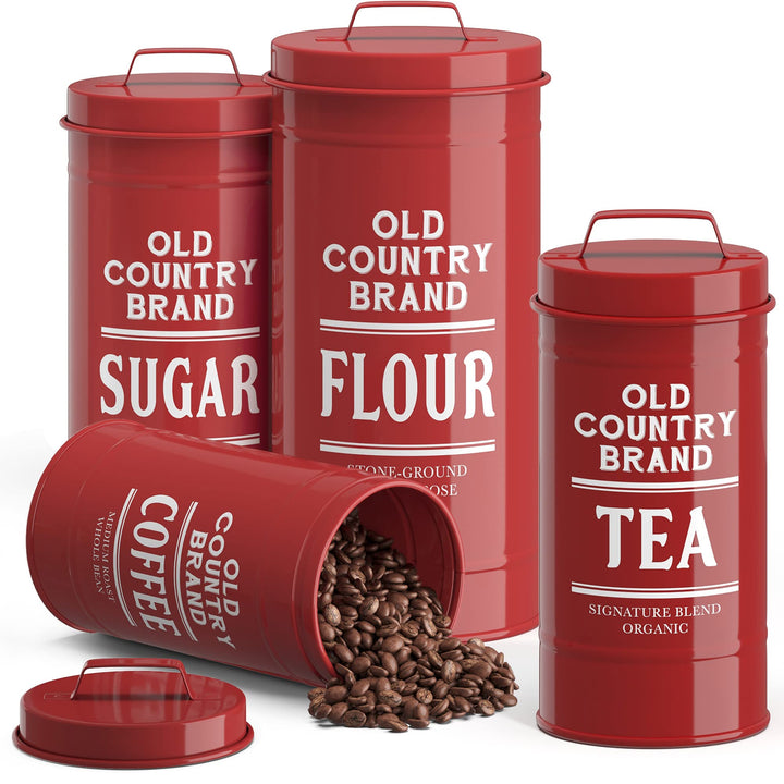 Canister Sets for Kitchen Counter, Farmhouse Canisters Sets for the Kitchen Countertop, Metal Canister with Lid, Coffee Tea Sugar Flour Container Set for Counter (Black)