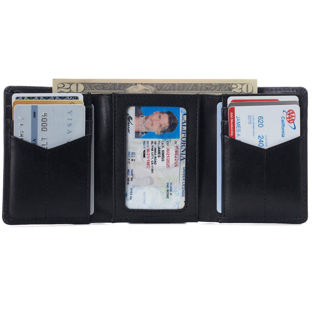 Leon Mens RFID Safe Trifold Wallet Cowhide Leather Comes in a Gift Box Distressed Brown