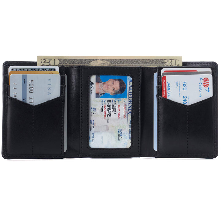 Leon Mens RFID Safe Trifold Wallet Cowhide Leather Comes in a Gift Box Distressed Brown