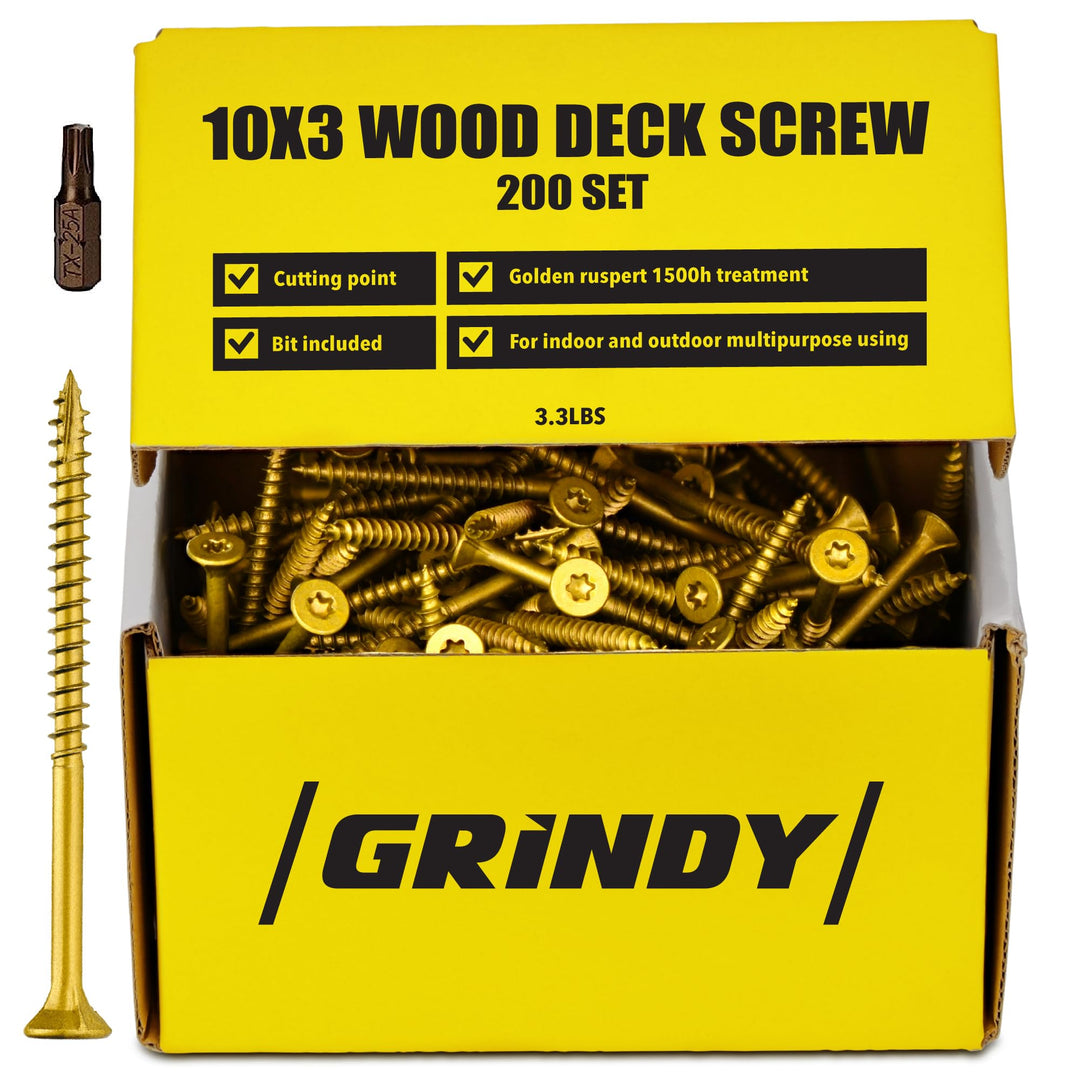 #10 x 3’’ Wood Screws by Grindy (200pack/3.3LBS) – Self-Drilling Deck Screws I Rust Resistant I Quick Drive & Fast Grip I for Cabinet, Furniture & Other Projects I T25 Star Drive I Bit Included