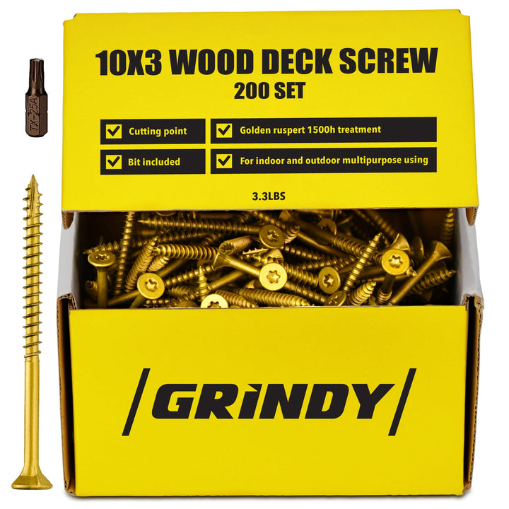 #10 x 3’’ Wood Screws by Grindy (200pack/3.3LBS) – Self-Drilling Deck Screws I Rust Resistant I Quick Drive & Fast Grip I for Cabinet, Furniture & Other Projects I T25 Star Drive I Bit Included