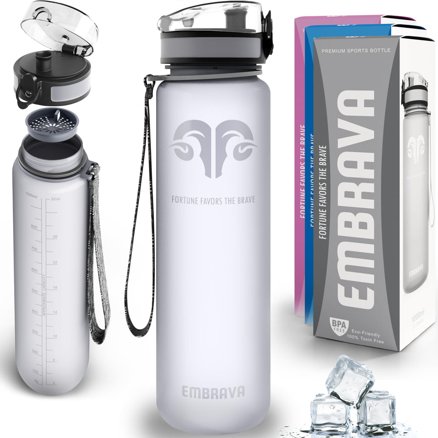 Best Sports Water Bottle - 32oz Large - Fast Flow, Flip Top Leak Proof Lid - Non-Toxic BPA Free - Safe & Eco-Friendly - Quart (1L) - No Straw, Clear with Strap and Filter - Gym & Workout Ready