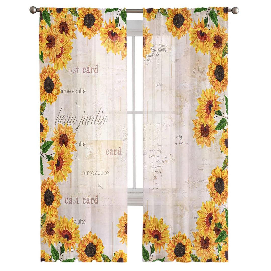 Sunflower Sheer Curtains 63 Inch Length 2 Panels Set, Yellow Floral Rustic Paper Farmhouse Curtains Semi Transparent Voile Rod Pocket Curtains for Living Dining Room Bedroom Drapes Decorations