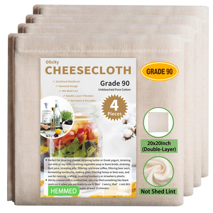Cheese Cloths, 4PCS, Double-Layer, 20x20Inch, Reusable Grade 90 Cheese Cloth Bag for Straining, Hemmed Unbleached Cotton Precut Fine Mesh Muslin Cheesecloth for Brew, Jelly, Yogurt