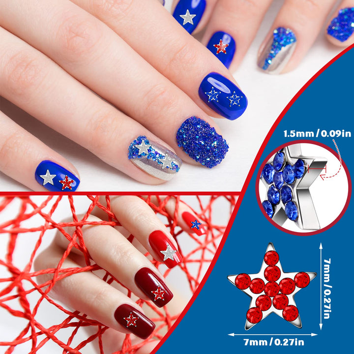 36 Pieces 4th of July Patriotic Star Nail Charms 3D Nail Charm Independence Day Nail Charm Rhinestone Red Blue Star Nail Rhinestones for Women DIY Nail Accessories (Basic Style)