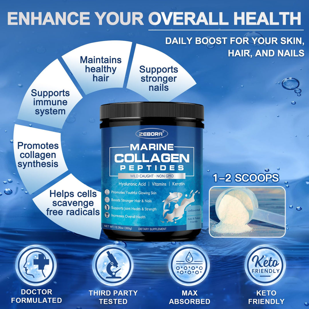 Marine Collagen Peptides Powder with Hyaluronic Acid, Keratin - Wild Caught Hydrolyzed Fish Collagen with Multivitamins - Support Skin Hair Nail Joints, Keto Friendly, 35 Servings