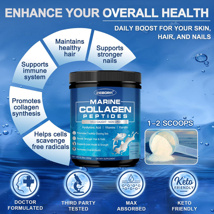 Marine Collagen Peptides Powder with Hyaluronic Acid, Keratin - Wild Caught Hydrolyzed Fish Collagen with Multivitamins - Support Skin Hair Nail Joints, Keto Friendly, 35 Servings