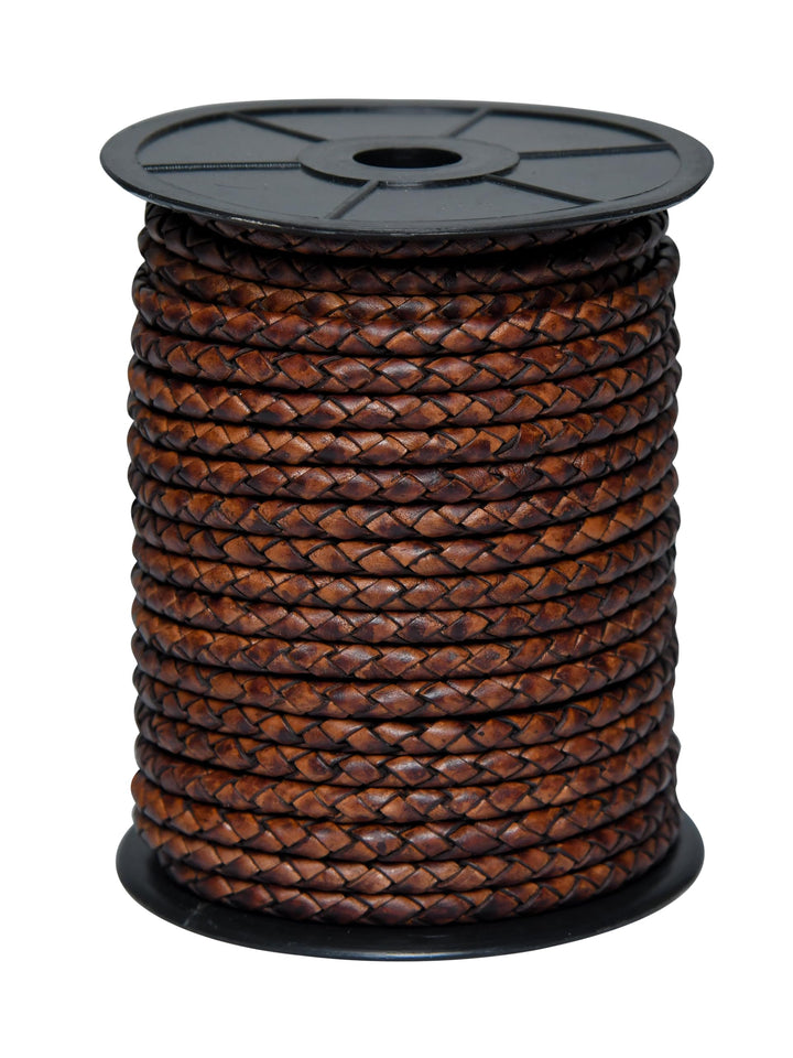 Round Braided Genuine Leather String Bolo Cord, Rope for Jewelry Making, Necklaces, Bracelets, Wraps, Crafts and Hobby Projects (Distressed Dark Brown, 5 MM 5.46 Yards = 5 MTR Spool)