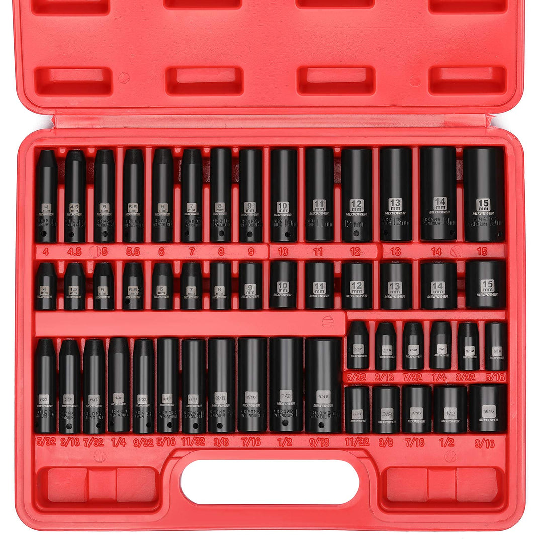 50 Pieces 1/4 Dr. Impact Socket Set, CR-V, 6 Point, SAE/Metric, 5/32 Inch - 9/16 Inch, 4mm - 15mm, Shallow/Deep
