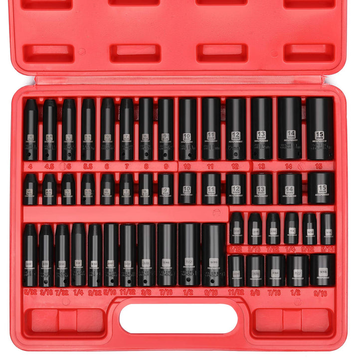 50 Pieces 1/4 Dr. Impact Socket Set, CR-V, 6 Point, SAE/Metric, 5/32 Inch - 9/16 Inch, 4mm - 15mm, Shallow/Deep