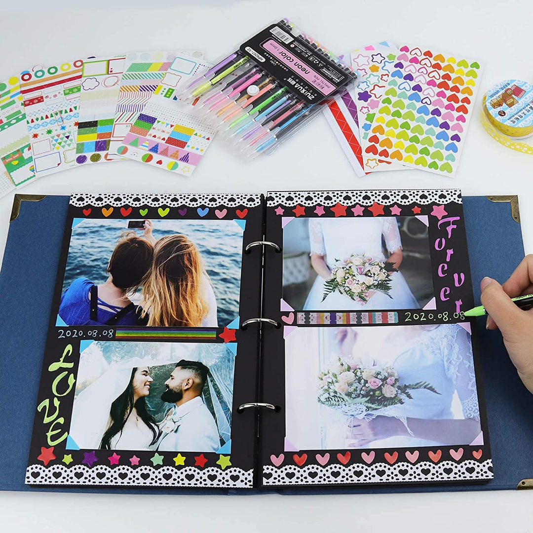 DIY Scrapbook Photo Album Kit with Pens Tapes and Stickers 60 Pages Hardcover 8.3x10.5 Inches 3 Rings Removable Blank Paper Scrapbooking for Lover Friends Kids Wedding White