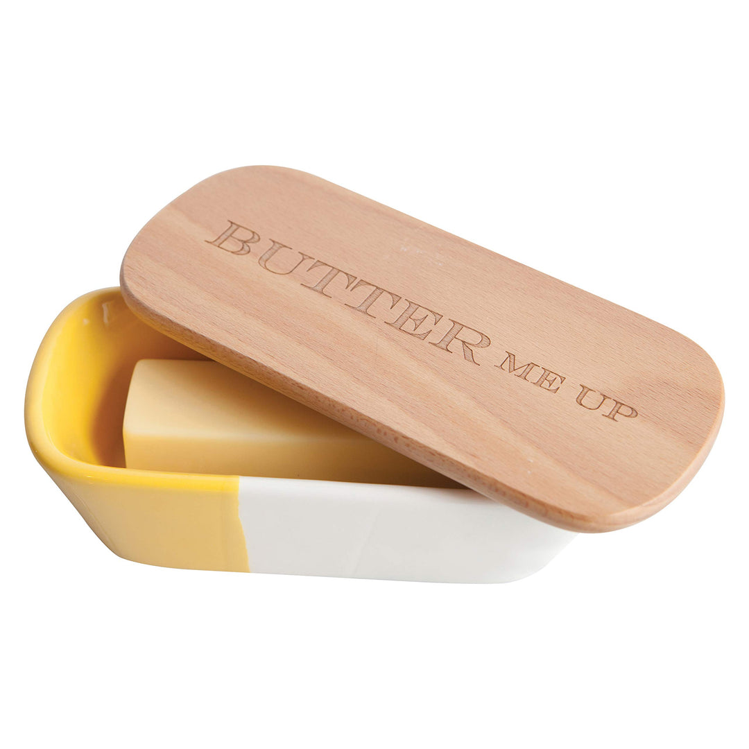 Laser Etched Vivid Beechwood &amp; Stoneware Butter Dish with Lid Butter Me Up Solid Wooden Lid Butter Holder Fun &amp; Functional Kitchen Supplies