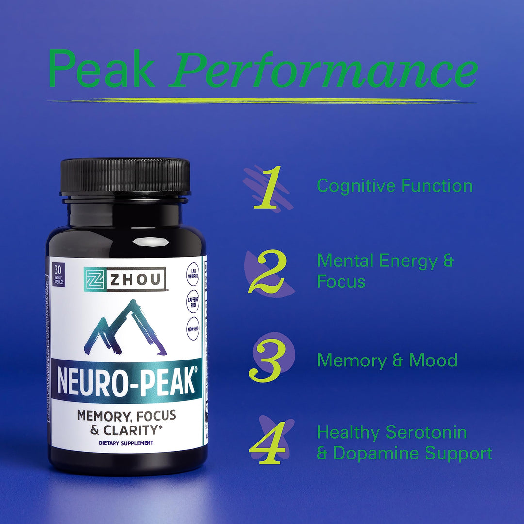 Zhou Neuro-Peak - Brain Supplements for Memory and Focus, Nootropic for Men &amp; Women, Brain Support Pill for Adults, Brain Vitamins - 30 Veggie Capsules (Pack of 1)