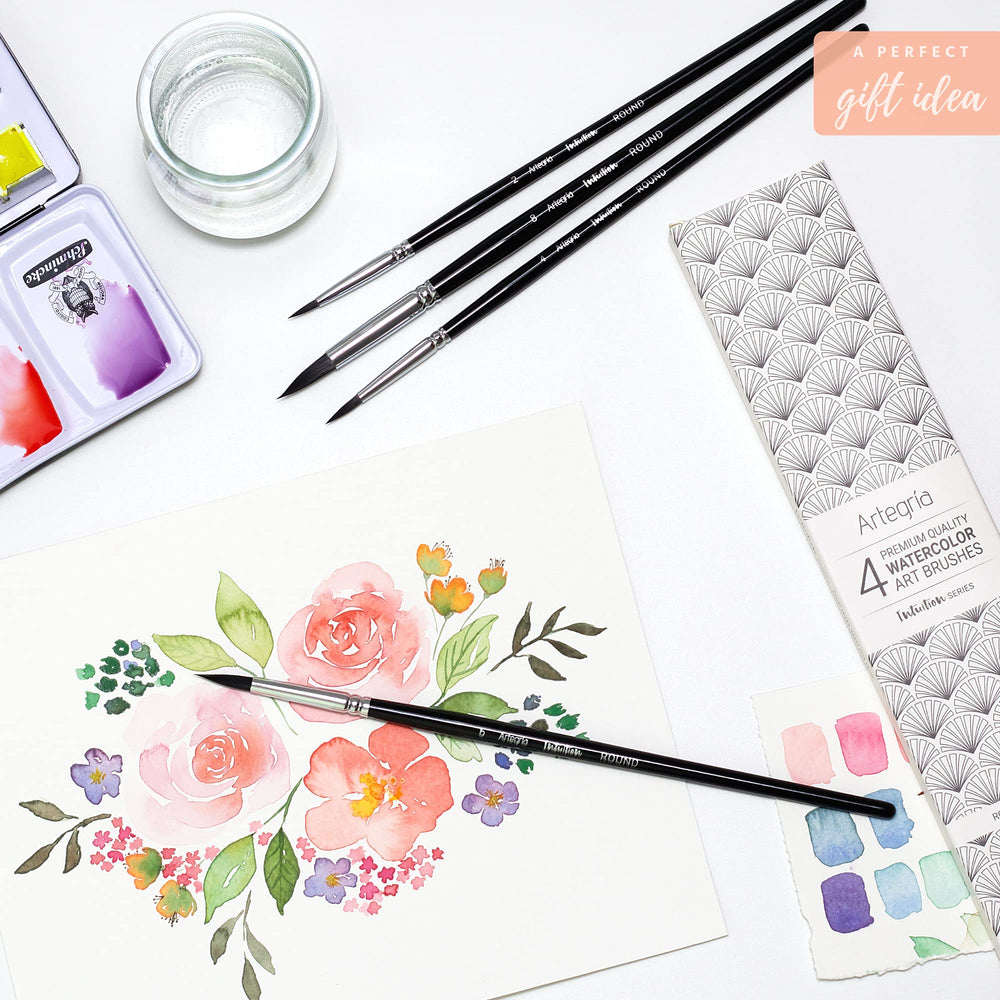 Watercolor Paint Brush Set - 4 Round Watercolor Brushes - Sizes # 2 4 6 8, Soft Synthetic Squirrel Hair, Pointed Round Tips for Professional Artists - Water Color, Gouache, Ink