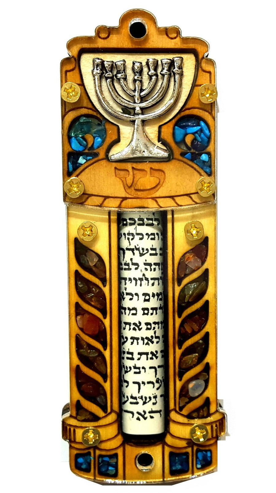 Jewish MEZUZAH CASE with Scroll Menorah Wood & Gems